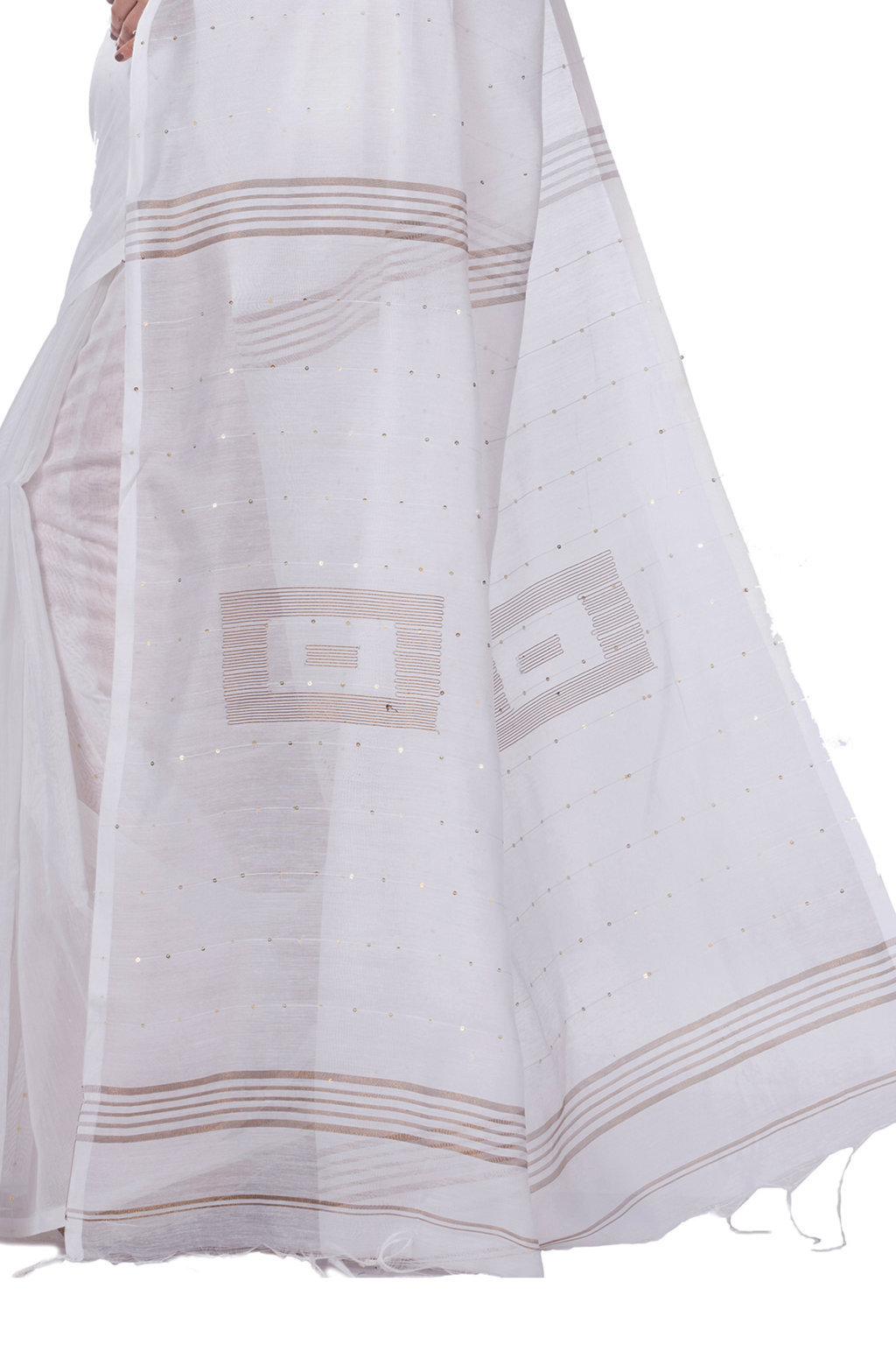 White Blended Cotton Sequence_Handloom Hand Loom Saree (470)